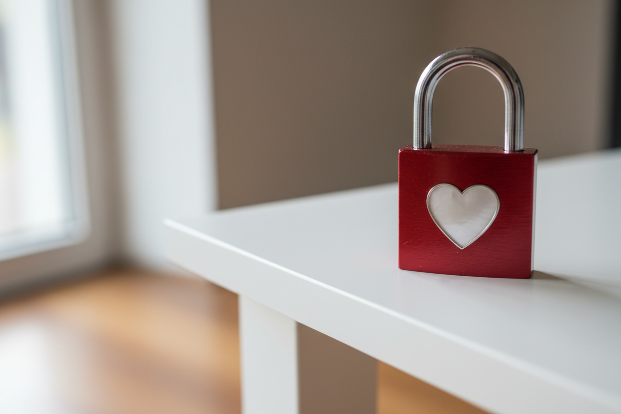 red lock with a white heart on the centre of it placed on a white table close to the edge